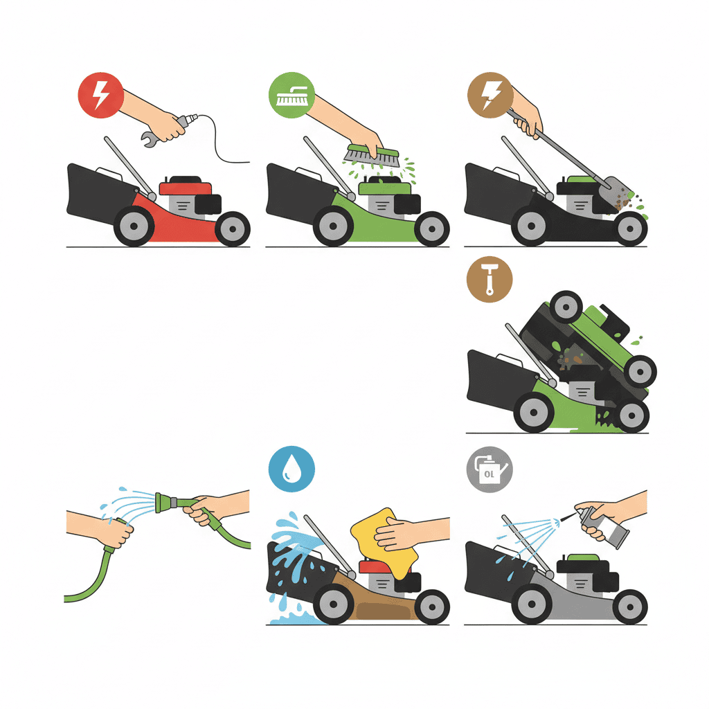 Visual summary of the six steps to safely wash a lawn mower