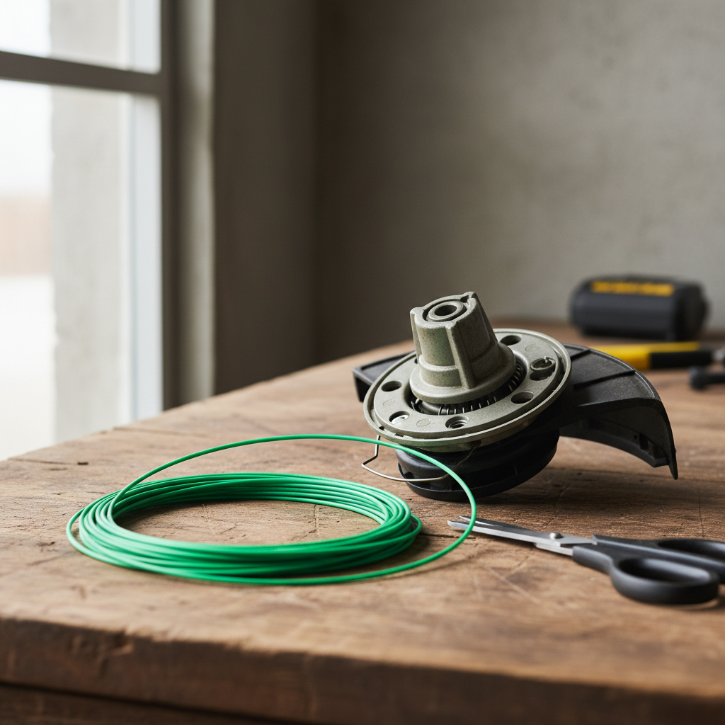 Disassembled weed eater head with new trimmer line and scissors on a workbench