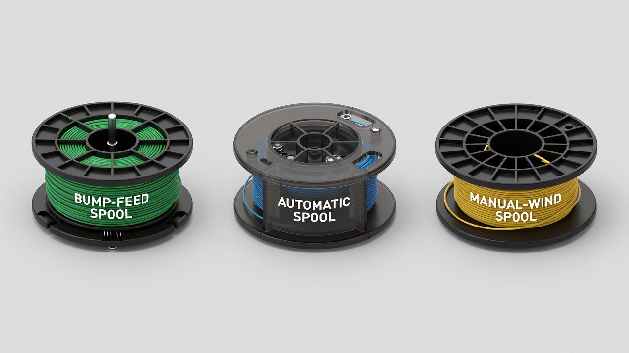 Three weed wacker spool types displayed for comparison: bump-feed, automatic, and manual-wind