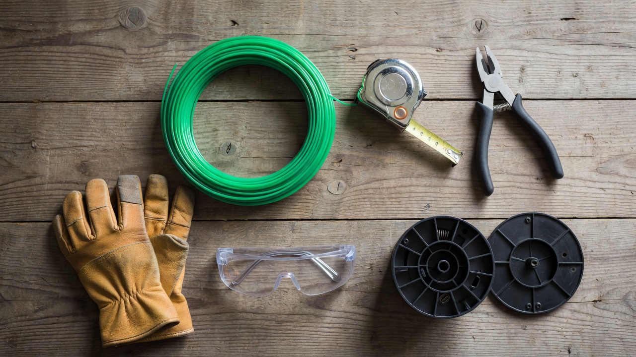 Flat-lay of trimmer line, tape measure, wire cutters, safety glasses and gloves needed before winding