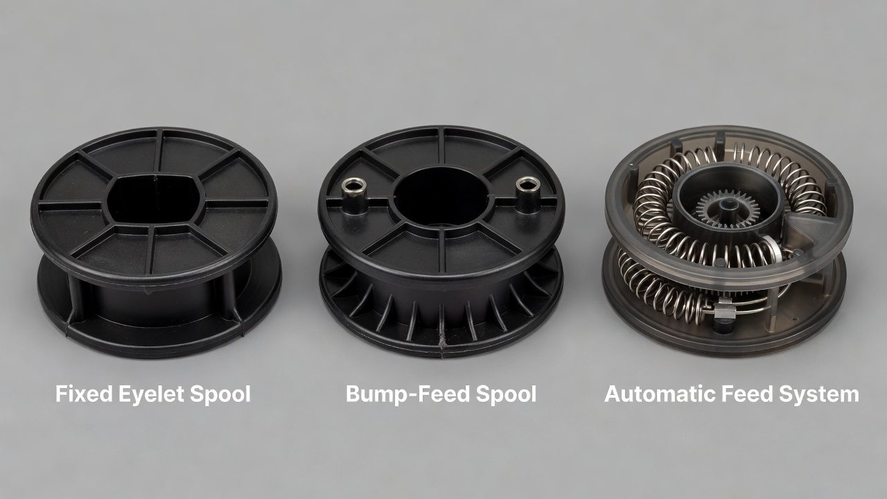 Three weed eater spool types compared: fixed eyelet, bump-feed, and automatic feed systems
