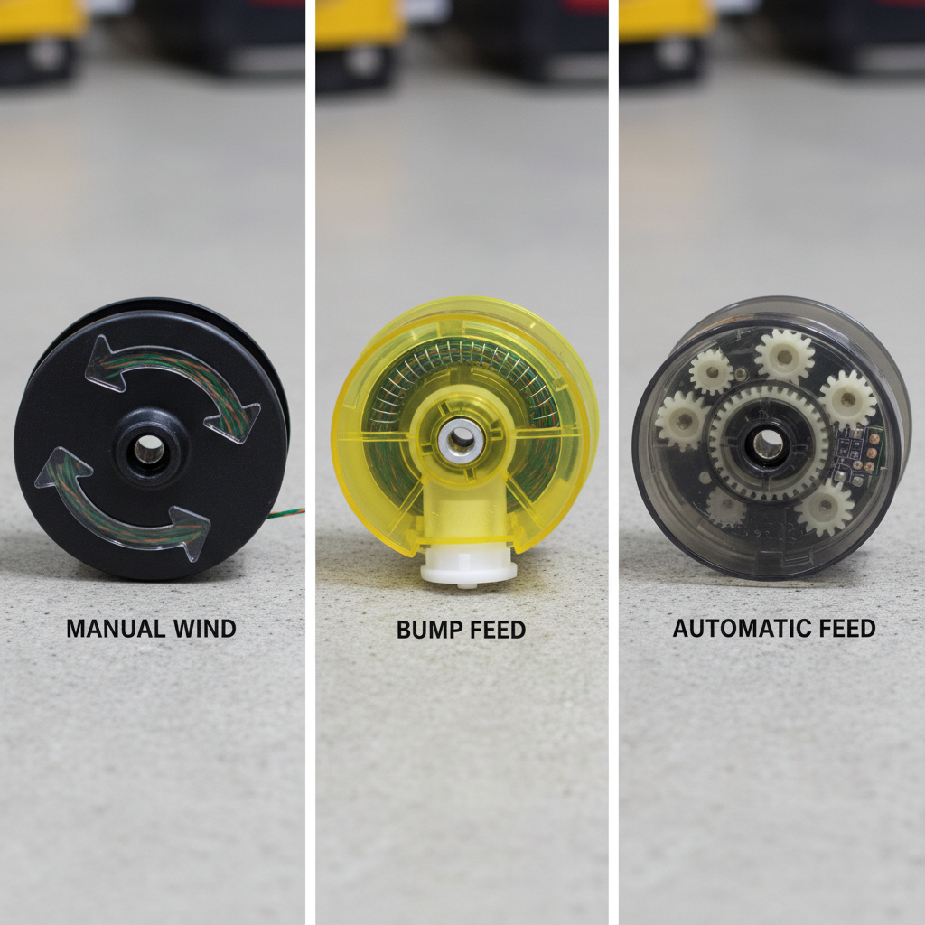 Three different trimmer spool types: manual-wind, bump-feed, and automatic-feed