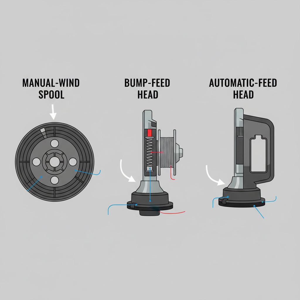 Comparison of three trimmer head types: manual-wind, bump-feed, and automatic-feed