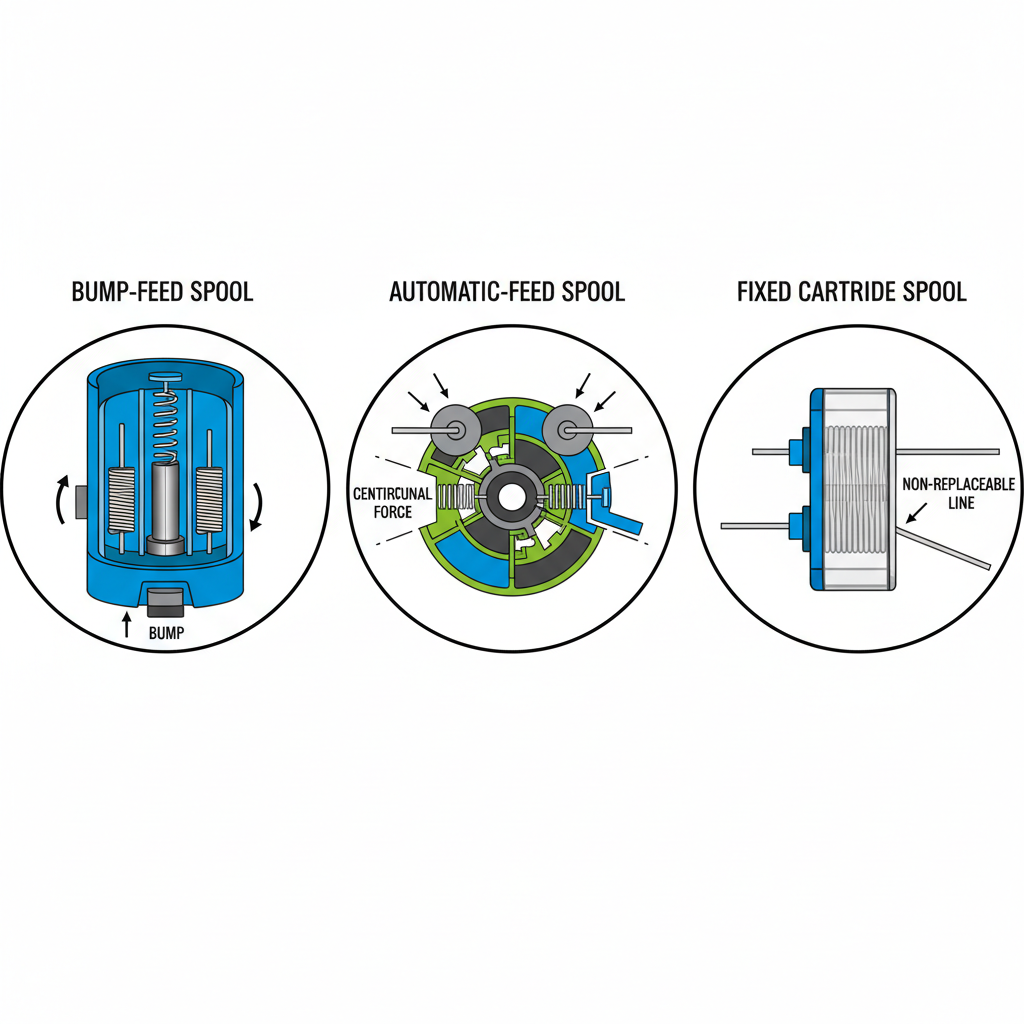 Comparison of three trimmer spool mechanisms: bump-feed, automatic, and fixed-spool designs with internal components labeled