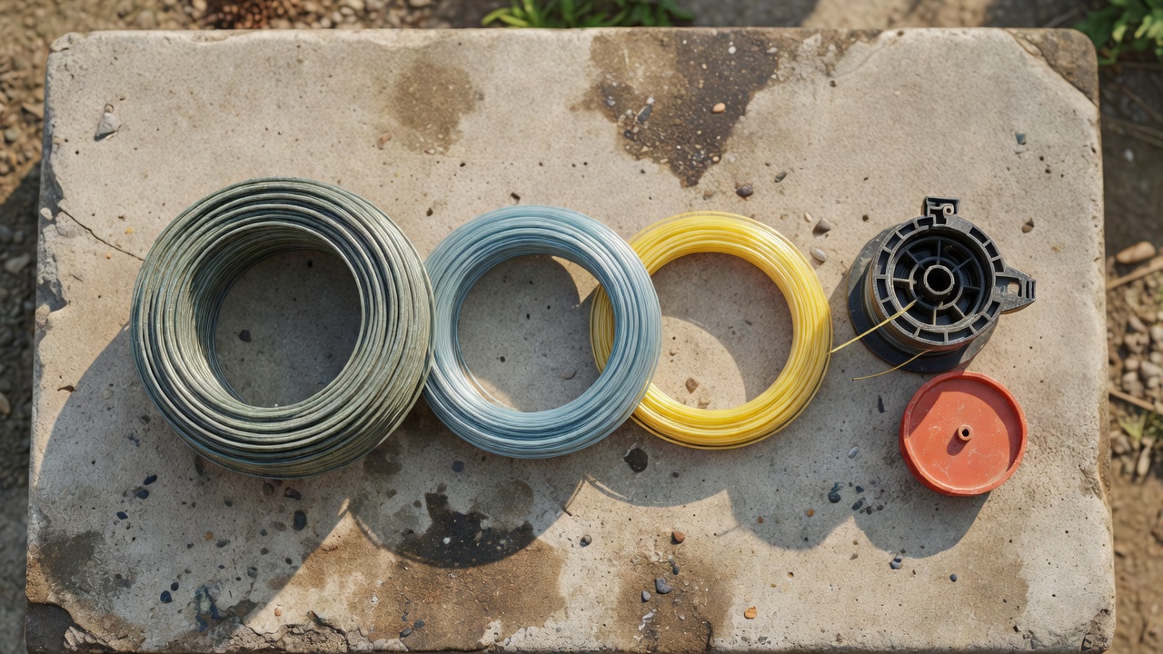 Three different diameter trimmer line coils beside a disassembled weed wacker spool and cap
