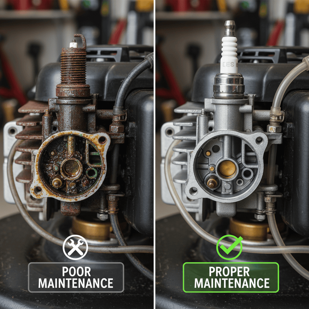 Why Winterize Your Lawn Mower? Side-by-side comparison of a damaged unmaintained engine versus a properly winterized clean engine