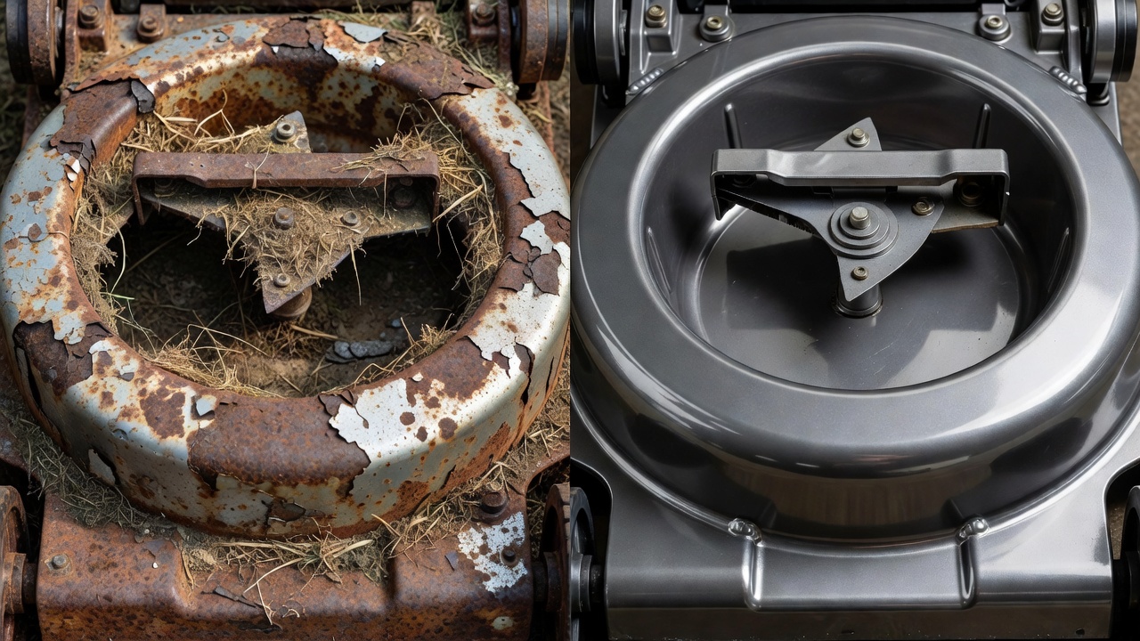 Before-and-after comparison of corroded versus well-maintained mower deck undersides