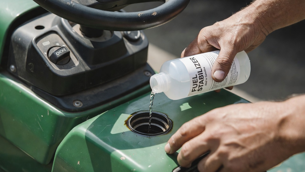 Hands adding fuel stabilizer to the gas tank of a riding lawn mower.