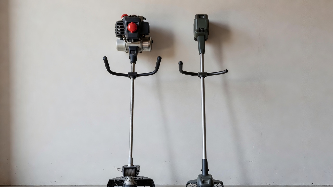 Gas and electric string trimmers standing side by side for comparison.