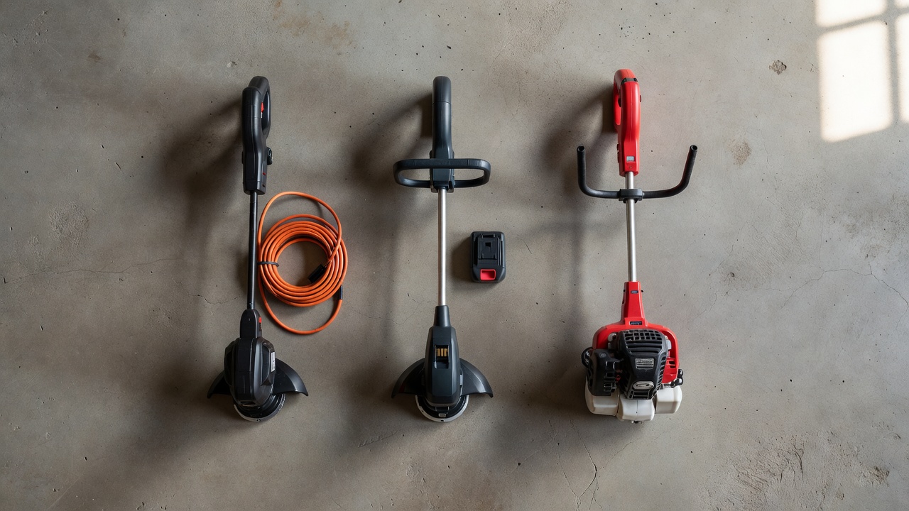 Corded electric trimmer, battery-powered trimmer, and gas trimmer arranged side by side showing the three types of weed wackers
