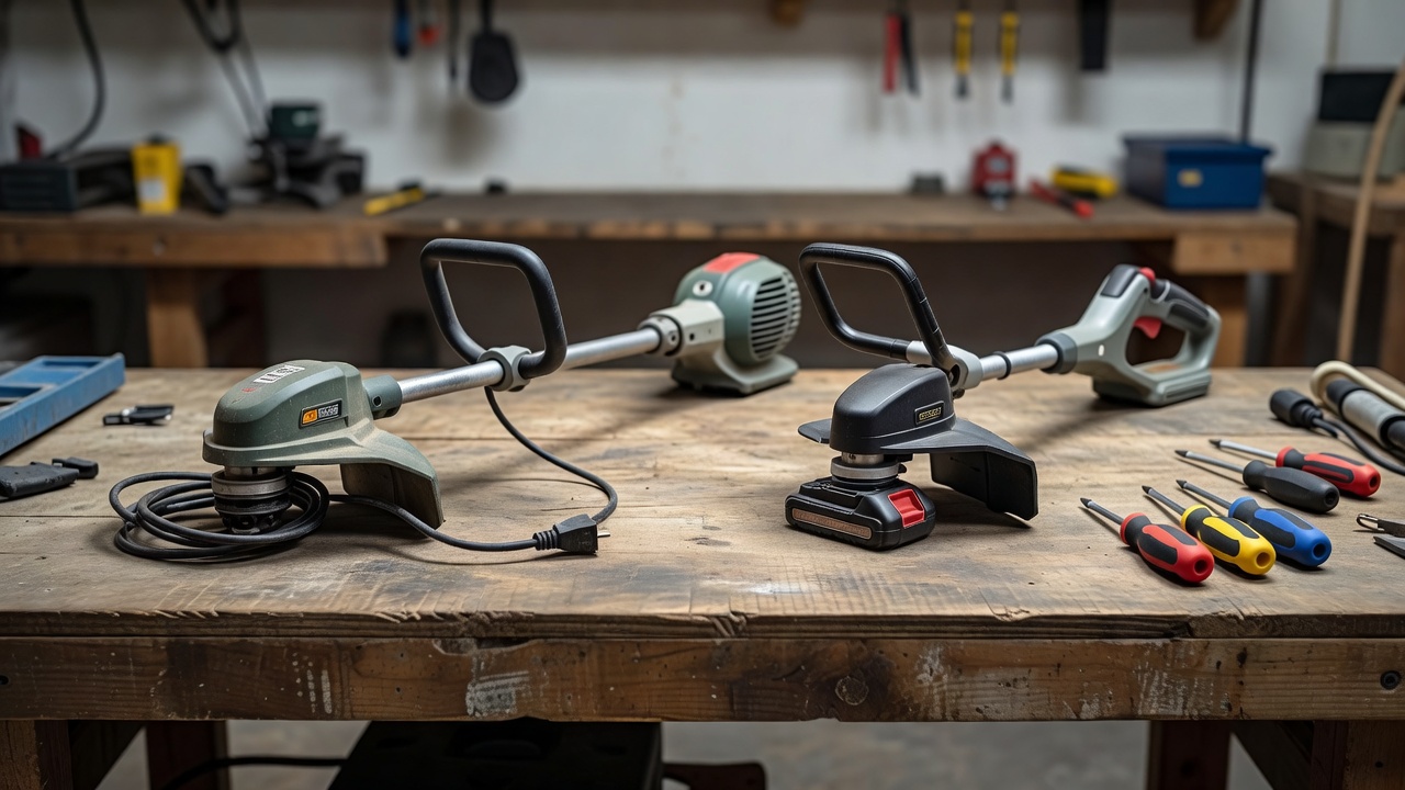 Unplugged trimmer and removed battery pack resting on a workbench with insulated tools.