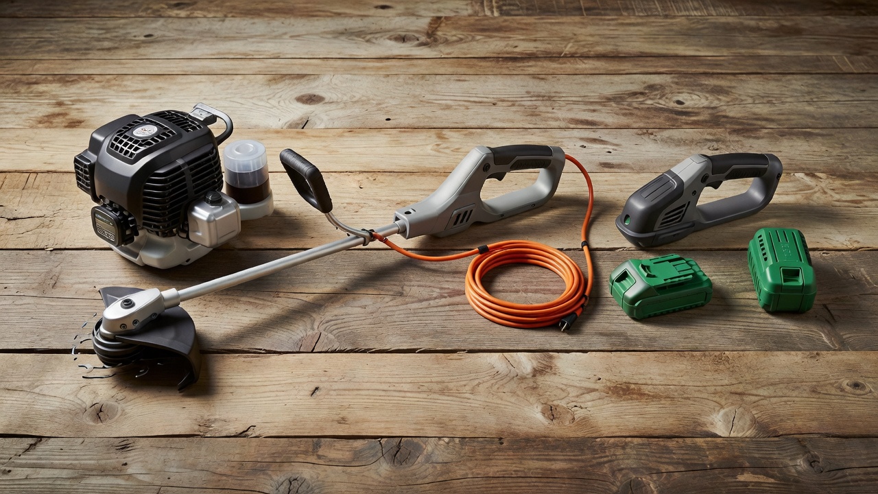 How Do You Wire a Weed Wacker? (Gas & Electric Trimmer Wiring Guide) Gas, corded electric, and battery-powered string trimmers displayed side by side for comparison