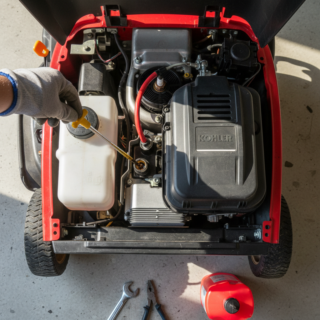 Riding mower engine compartment with maintenance items highlighted for pre-operation inspection