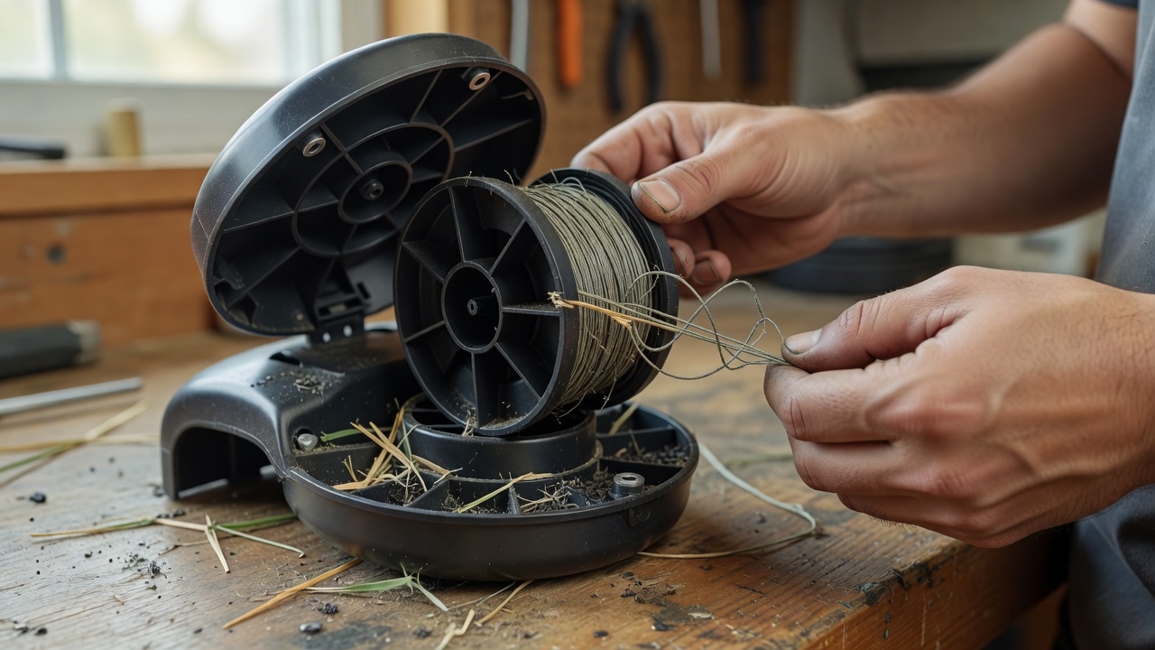 Open trimmer head with the spool lifted out and old line being unwound.