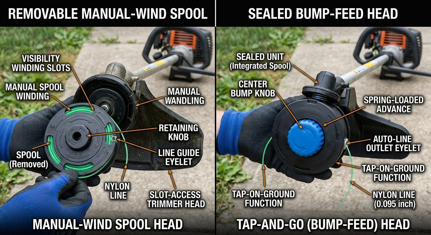 Manual-wind spool and bump-feed head comparison showing structural differences