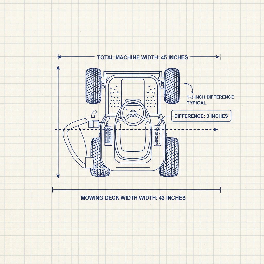 How Wide Are Riding Lawn Mowers? (Standard Dimensions & What You Need to Know) Overhead diagram of riding mower showing deck width versus total machine width with measurement callouts