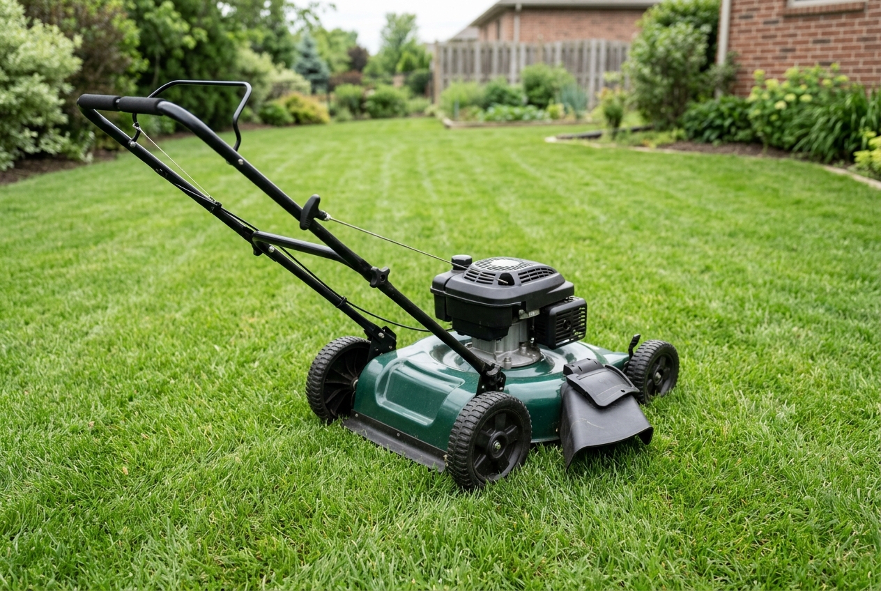 Overhead view of a parked walk-behind mower showing its deck, chute, wheels, and handles.