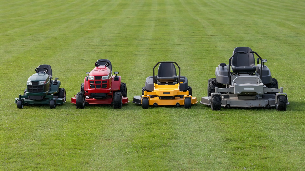 Four ride-on mower types lined up side by side from narrowest to widest — rear-engine rider, lawn tractor, residential zero-turn, and commercial zero-turn