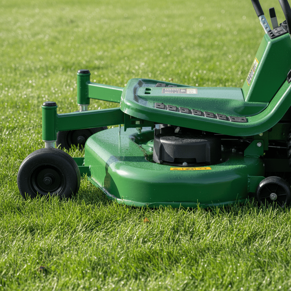 Close-up of a riding lawn mower cutting deck showing deck and wheel width
