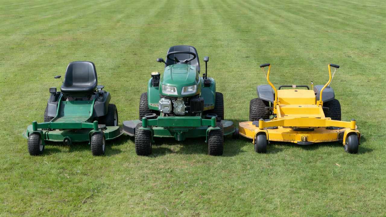 Three riding mower types compared side by side showing width differences