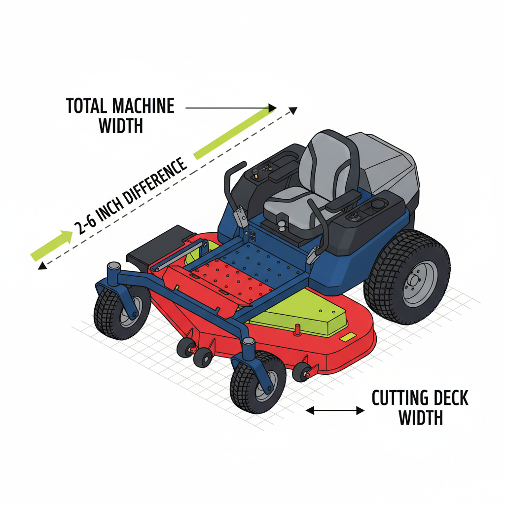 Side-view diagram showing the difference between cutting deck width and total machine width of a zero turn mower
