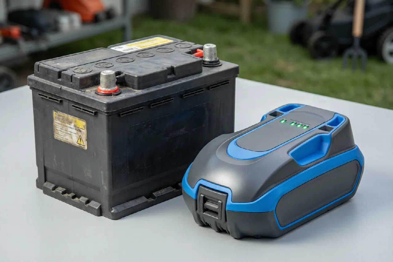Comparison of a traditional 12V lead-acid battery and a modern cordless lithium-ion battery for lawn mowers.