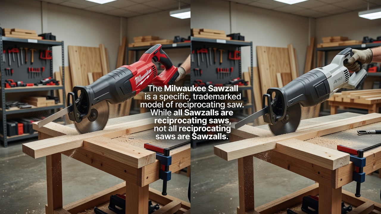 Side-by-side comparison of a Milwaukee Sawzall and generic reciprocating saw demonstrating identical cutting action in workshop setting.