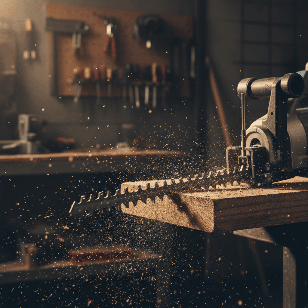 Close-up of a reciprocating saw blade cutting through a wooden plank