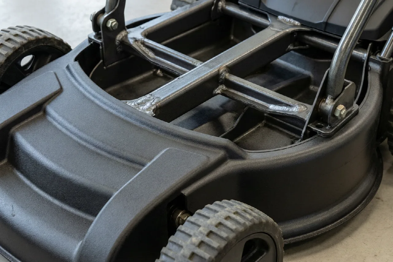 Lawn mower components displaying mix of plastic and metal materials used in construction