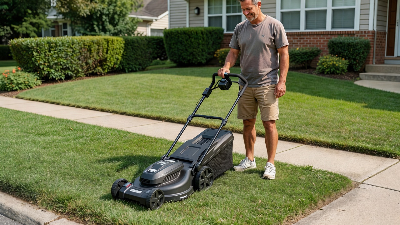Is Greenworks a Good Lawn Mower? (Pros, Cons & What to Know) Homeowner starting a battery-powered lawn mower with a push-button on a sunny day