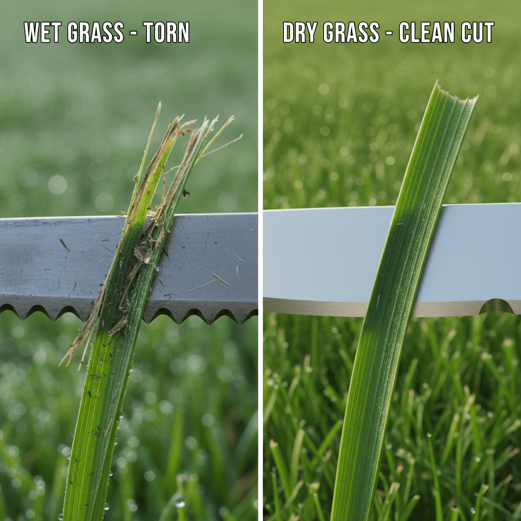 Comparison of torn wet grass versus cleanly cut dry grass blades