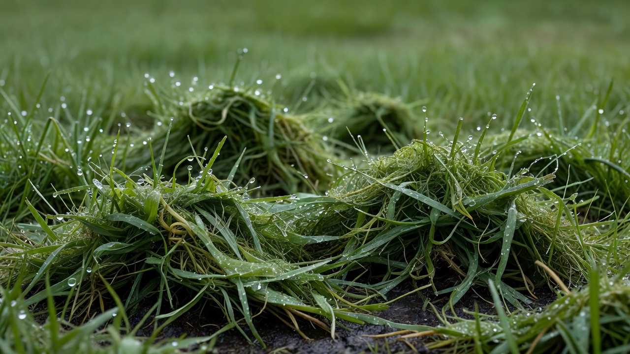 Clumped wet grass clippings matted on a lawn after mowing.