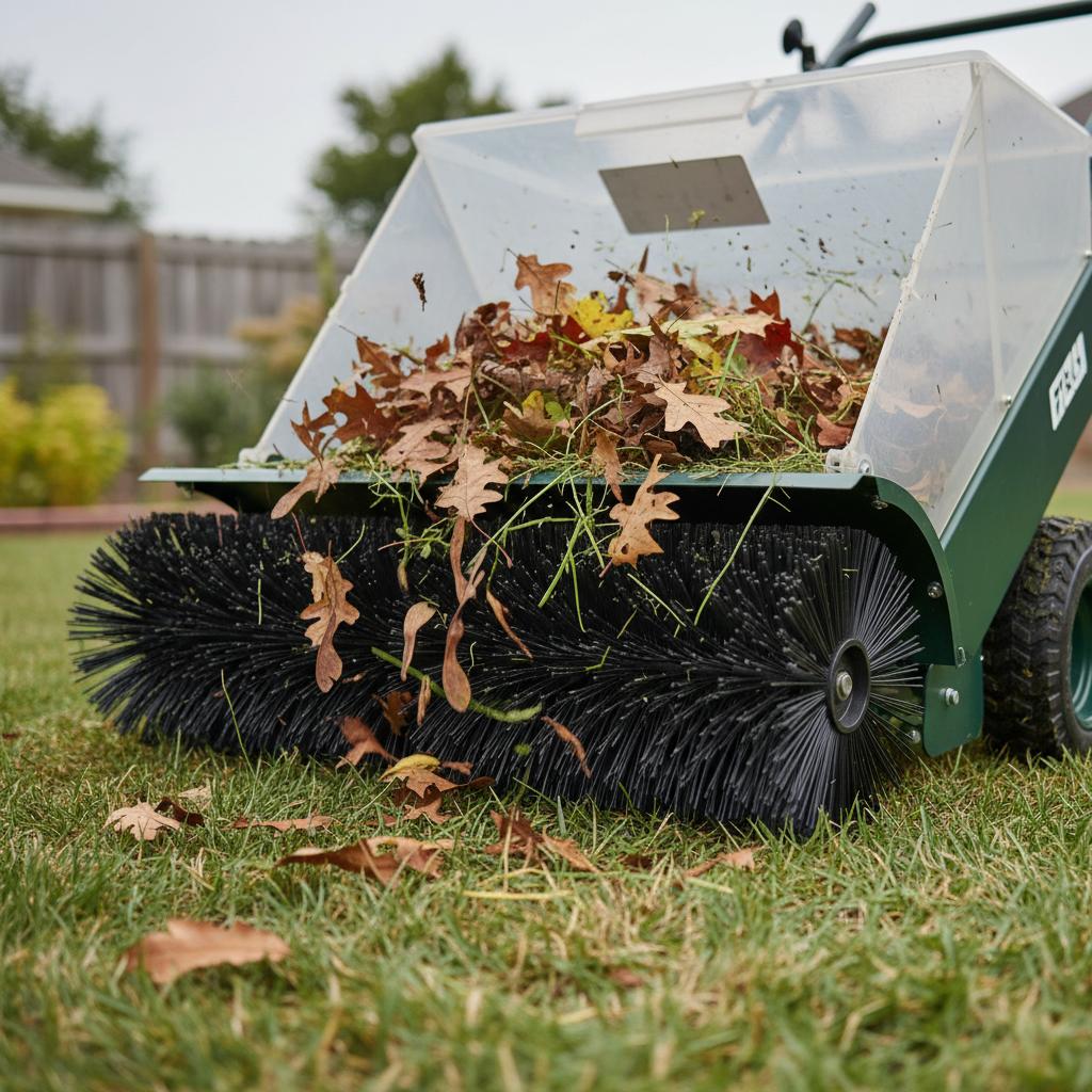 Lawn-sweeper brushes lifting dry leaves and clippings from grass