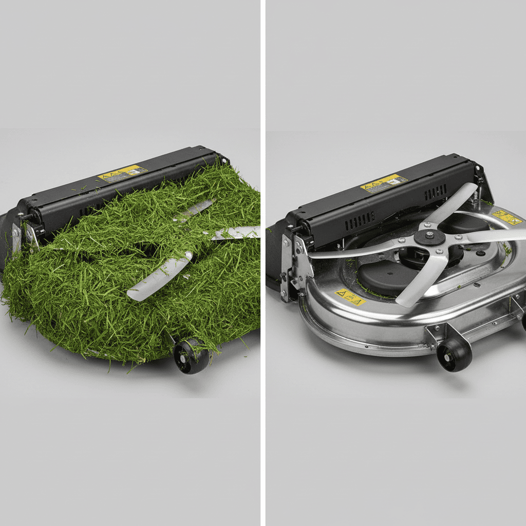 Comparison of wet grass clogging versus clean mower deck function