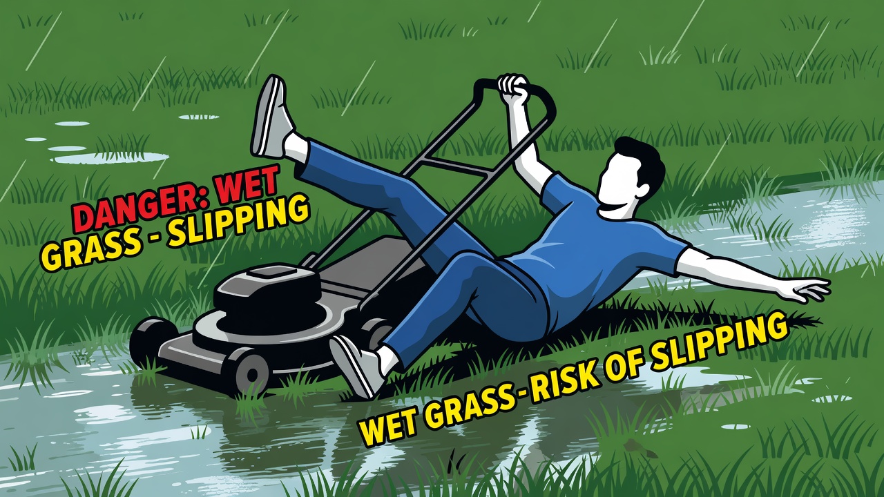 Illustration of a person slipping on wet grass while mowing