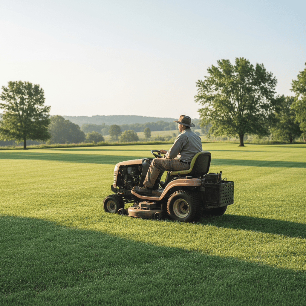 A single person resting on a ride-on mower on an empty lawn, emphasizing the game's single-player focus.