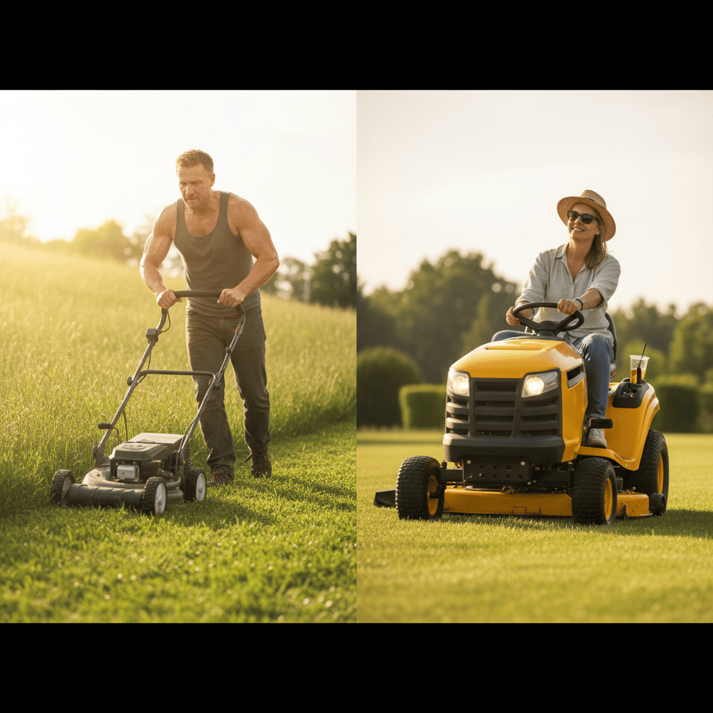 Side-by-side comparison of a person push mowing with effort versus relaxing on a riding mower