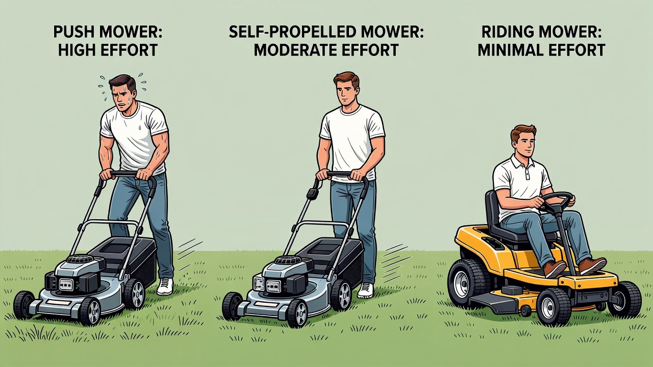 Three lawn mowing scenarios showing decreasing physical exertion from push to self-propelled to riding mower