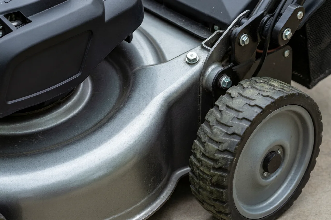 Is PowerSmart Lawn Mower Good? Close-up of a lawn mower cutting deck and wheel showing build materials