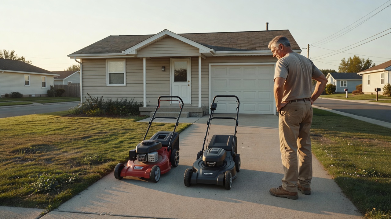 A gas mower and a battery mower parked on a suburban driveway beside a small front yard