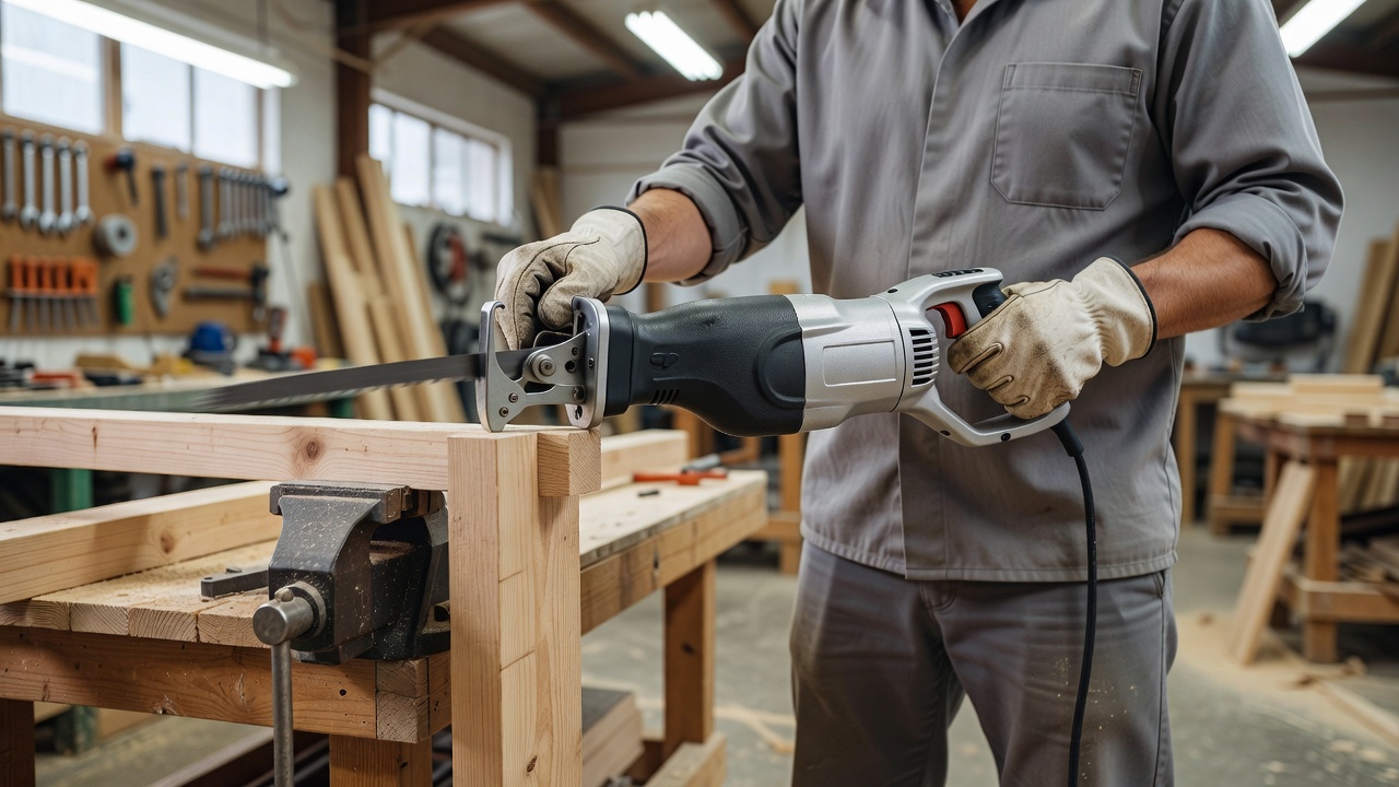 A person holding a reciprocating saw with proper grip in a bright workshop setting