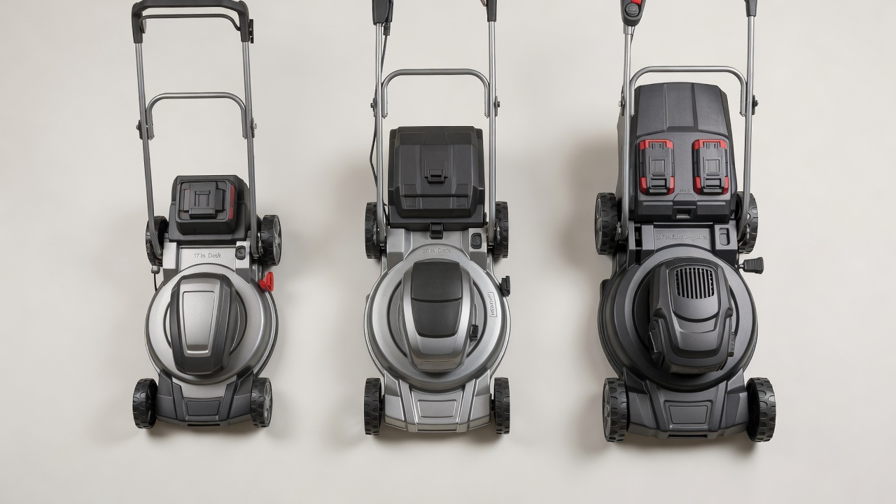 Three cordless lawn mower models arranged overhead, showing deck size and design variations from 17 to 21 inches.