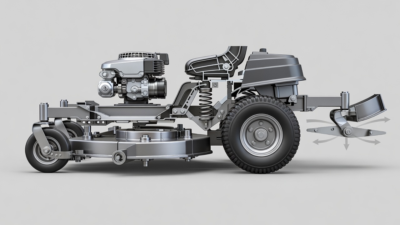 Technical illustration of five key zero-turn mower components: deck design, engine, suspension, wheels, and blade spindle geometry.