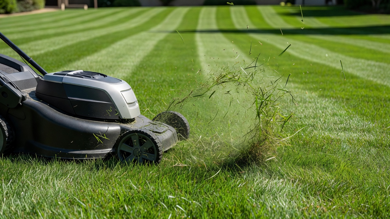 A lawn mower cutting a striped green residential lawn during the day