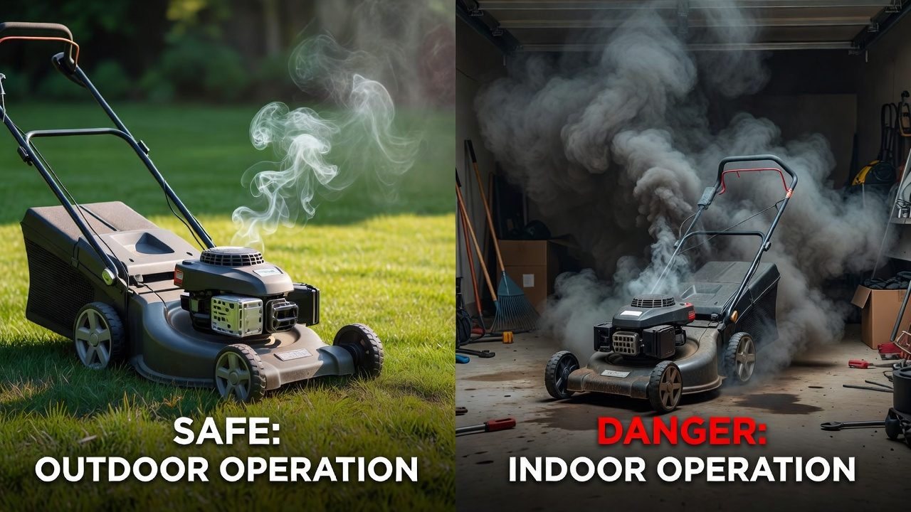 Comparison of white smoke from lawn mower outdoors versus in enclosed space