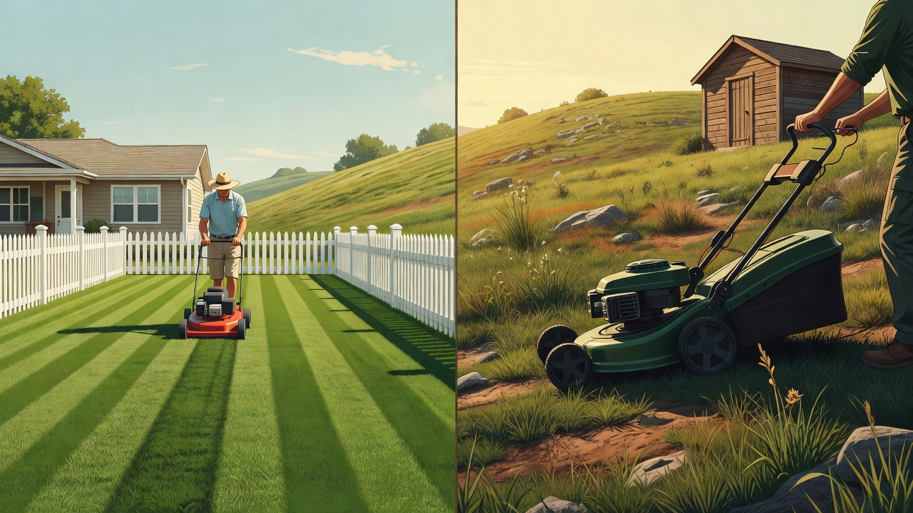 Is Yardmax a Good Lawn Mower? Brand Reputation, Pros & Cons, and Who It's Best For Split-panel showing different lawn sizes and terrain types to illustrate how lawn characteristics determine mower suitability.