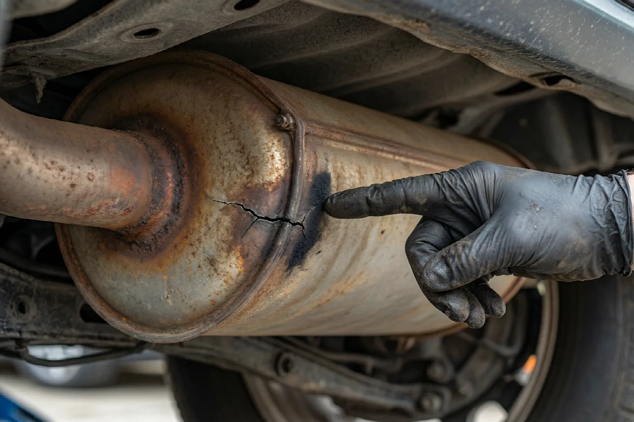 Car Sounds Like Lawn Mower (2026) Close-up of a corroded exhaust pipe with a crack