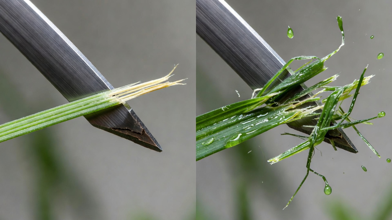 Should I Mow a Wet Lawn? (Risks, Consequences, and Best Practices) Comparison of clean cut grass versus torn wet grass blades