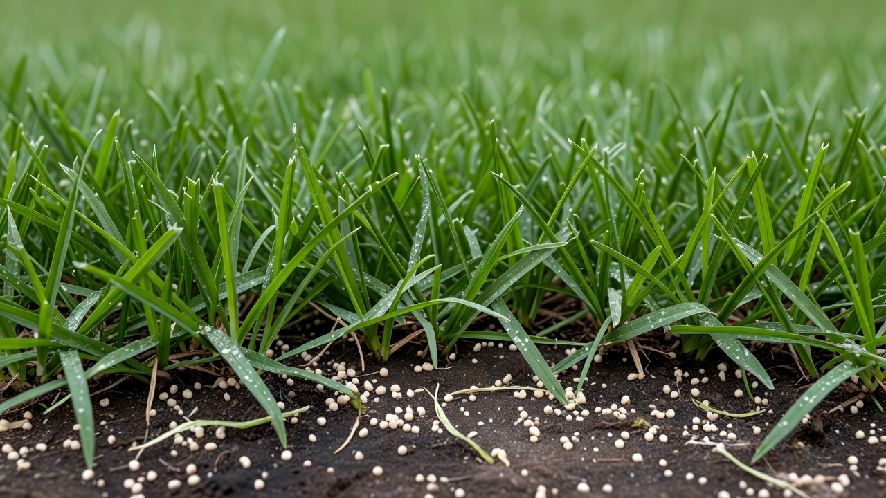 Close-up of fertilizer granules resting on soil between freshly cut grass blades.
