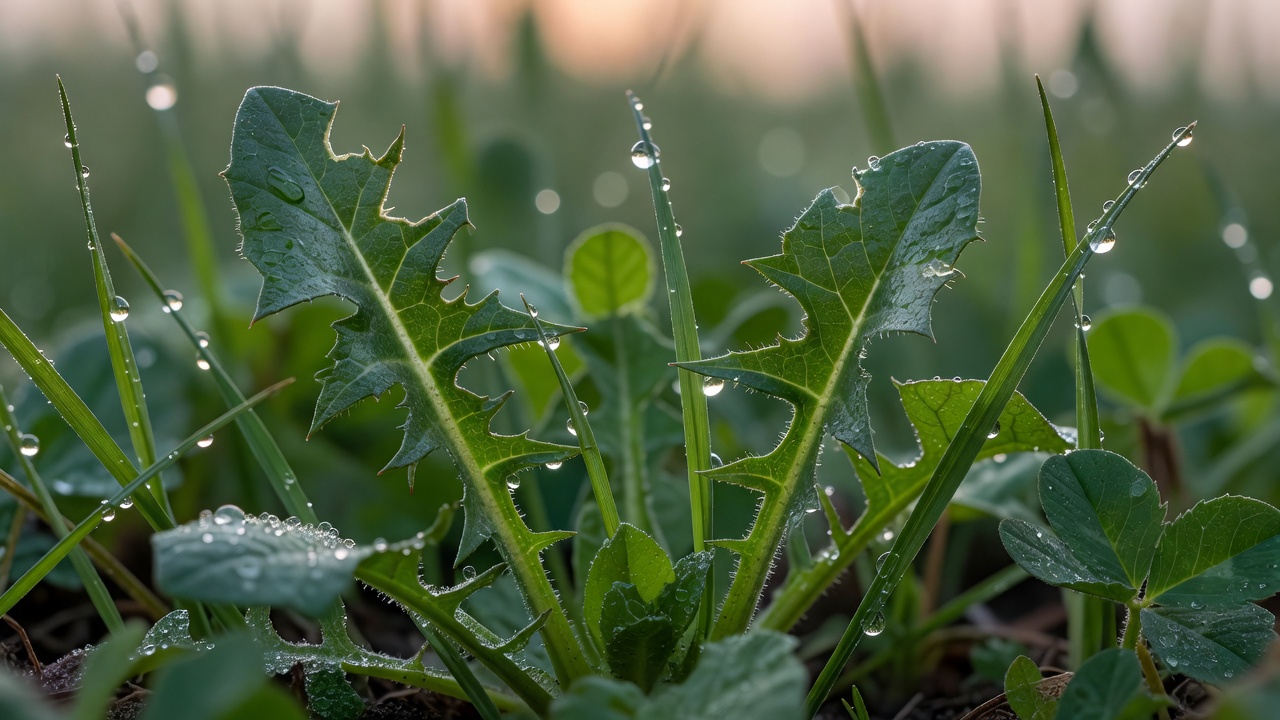 Close-up of broadleaf weeds with freshly cut leaf edges ready for herbicide absorption